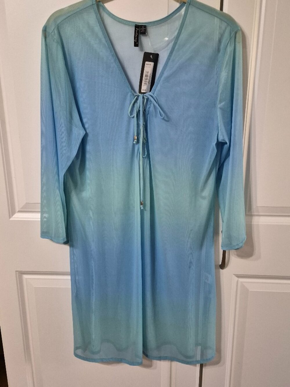 Portocruz Blue Ombre Semi Sheer Lace Up Beach Swim Cover Up Long Sleeve NWT XL